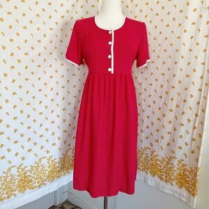 Vintage 90s Red Polka Dot Midi Dress Made in USA Preppy Waist Tie Small